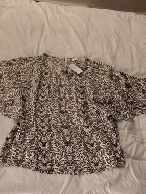 LOFT Cream Blouse with Brown Ornate Print